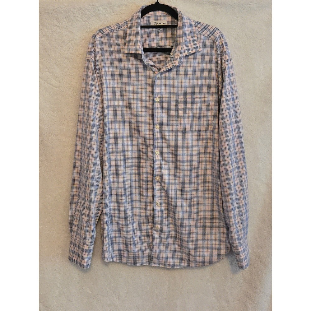 Peter Millar Crown Sport Mens XL Pink/Blue Shirt Plaid Long Sleeve Button Down